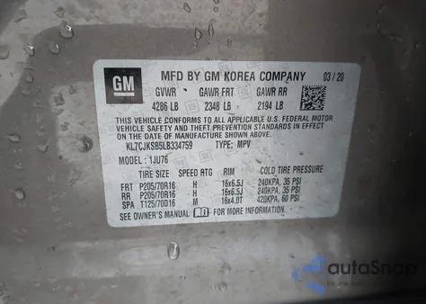 2020 Chevrolet Trax Fwd Ls z USA, uszkodzony, nr VIN KL7CJKSB5LB334759